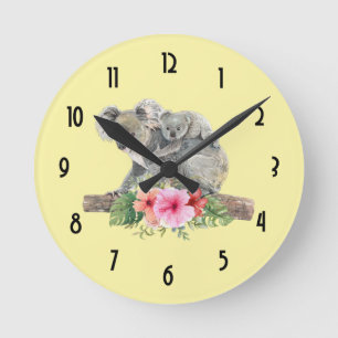 Watercolor Koala Bears Cute Mom & Baby Round Clock
