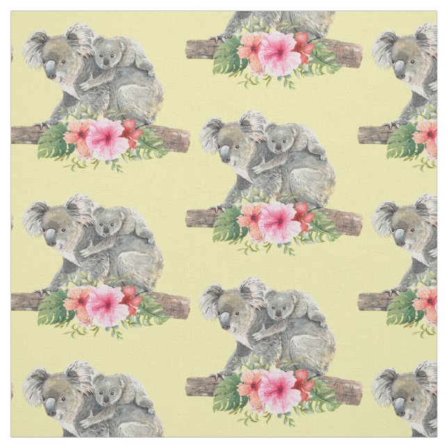 Watercolor Koala Bears Cute Mum & Baby Pattern Fabric (Swatch)