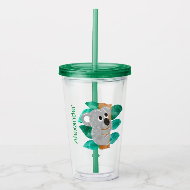 Watercolor Koala Kids Personalised Cute Green Acrylic Tumbler (Front)