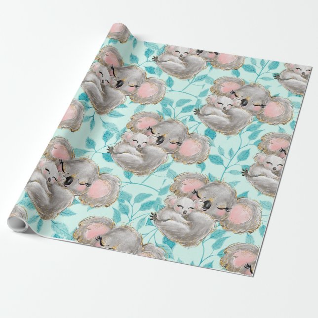Watercolor Koala Mum, Baby Greenery Wrapping Paper (Unrolled)