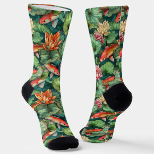 Watercolor Koi and Water Lilies Crew Socks