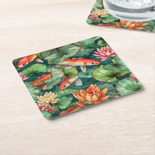 Watercolor Koi and Water Lilies Paper Coaster (Angled)