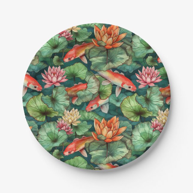 Watercolor Koi and Water Lilies Paper Plates (Front)