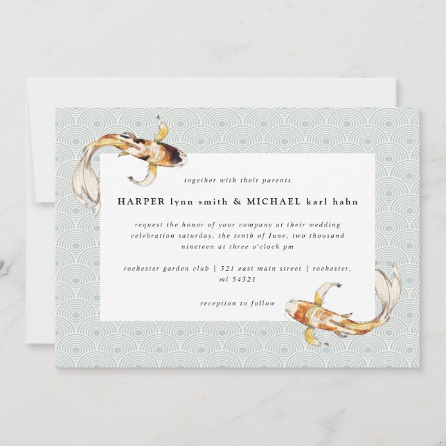 watercolor koi fish blue wedding invitation (Front)