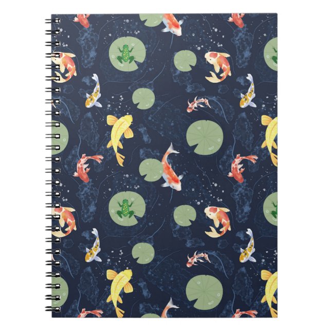 Watercolor Koi Fish Pond Seamless Pattern Notebook (Front)