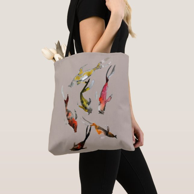 Watercolor koi fish red brown gold tote bag (Close Up)