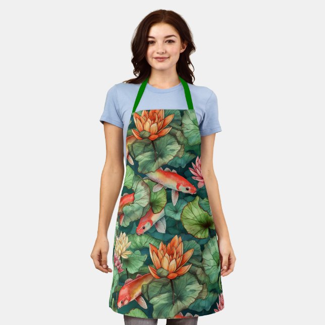 Watercolor Koi & Water Lilies All-Over Print Apron (Worn)