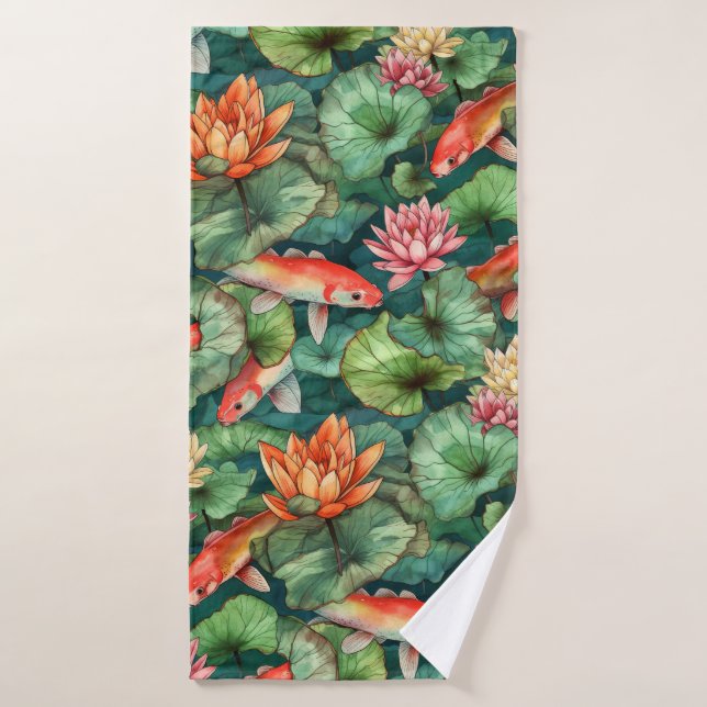 Watercolor Koi & Water Lilies Bath Towel (Bath Towel)