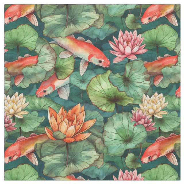 Watercolor Koi & Water Lilies Fabric (Close Up)