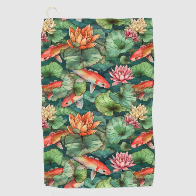 Watercolor Koi & Water Lilies Golf Towel (Front)