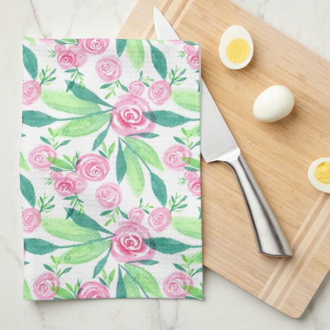 Watercolor La Rosa Floral Pattern Kitchen Towel (Quarter Fold)