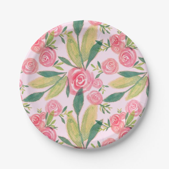 Watercolor La Rosa Whimsy Gold Paper Plates (Front)