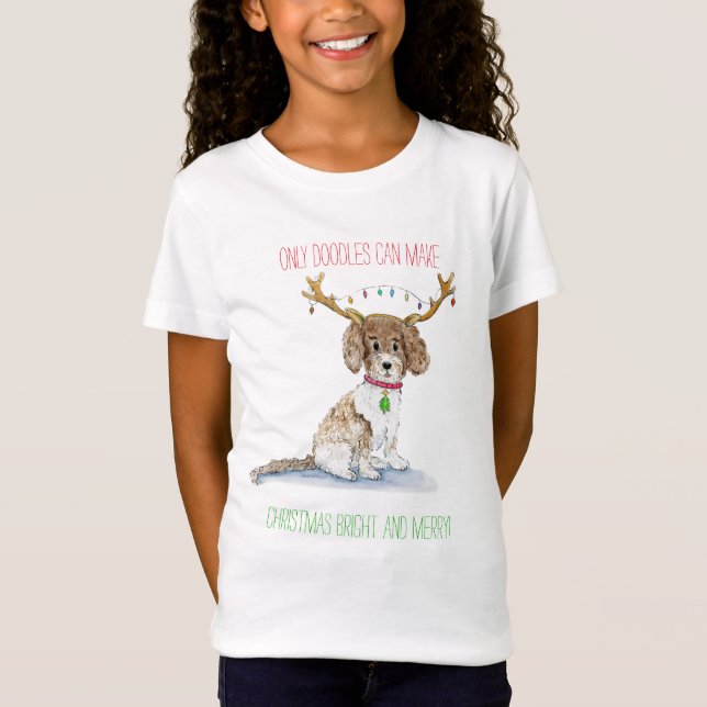 Watercolor Labradoodle Christmas Lights Antlers T-Shirt (Front)