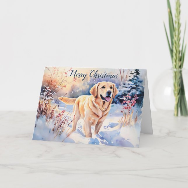 Watercolor Labrador Dog In Snow Merry Christmas Card (Front)