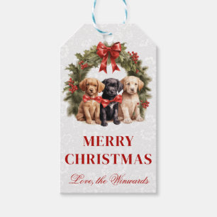 Watercolor Labrador Puppies and Wreath Christmas Gift Tags