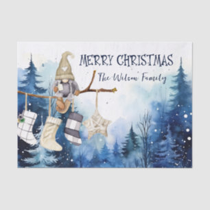 Watercolor Lady Gnome Blue Forest Merry Christmas Tissue Paper