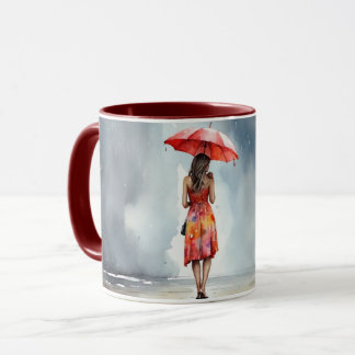 Watercolor Lady in The Rain Umbrella Red Dress Mug