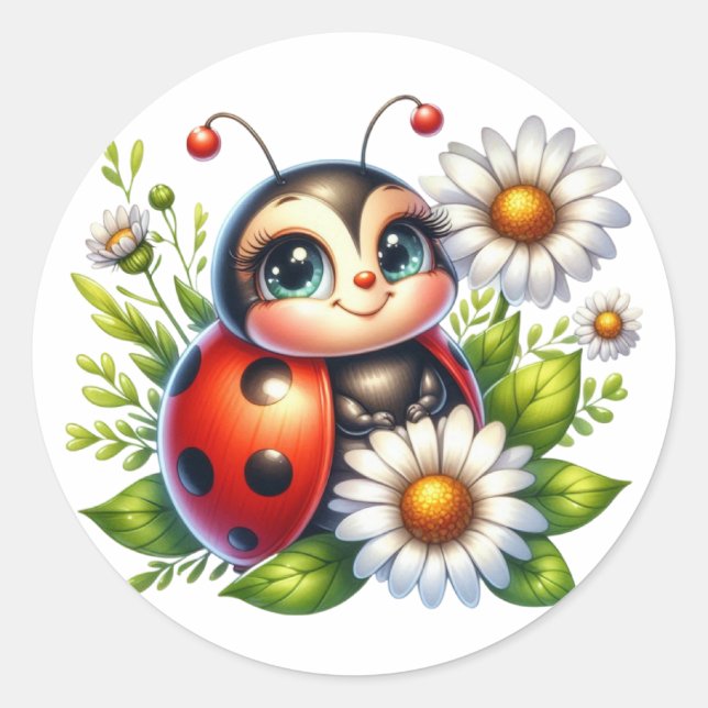 Watercolor Ladybug  Classic Round Sticker (Front)