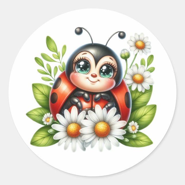 Watercolor Ladybug  Classic Round Sticker (Front)