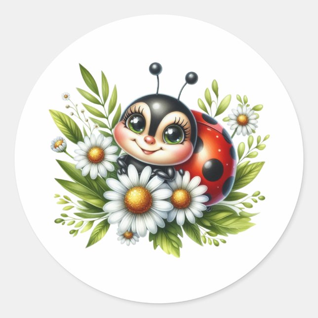 Watercolor Ladybug  Classic Round Sticker (Front)