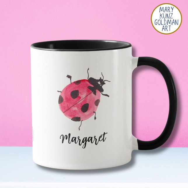 Watercolor Ladybug Hand-Illustrated Valentines Day Mug (Our pretty ladybug mug pops with your choice of accent color: bold red, soft pink, classic black.)