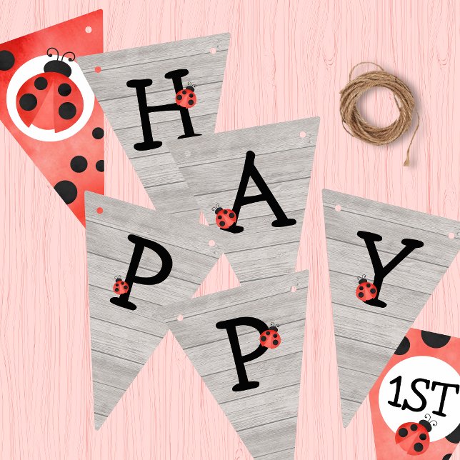 Watercolor Ladybug Happy Birthday Bunting Banner (Watercolor Ladybug Happy Birthday Hanging Triangle Pennant Bunting Banner in Light Washed Wood)