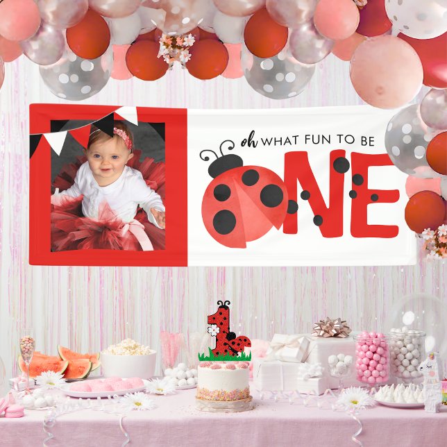 Watercolor Ladybug Oh What Fun ONE Photo Party Banner (Oh What Fun to Be ONE Watercolor Ladybug Hanging Photo Birthday Vinyl Banner)