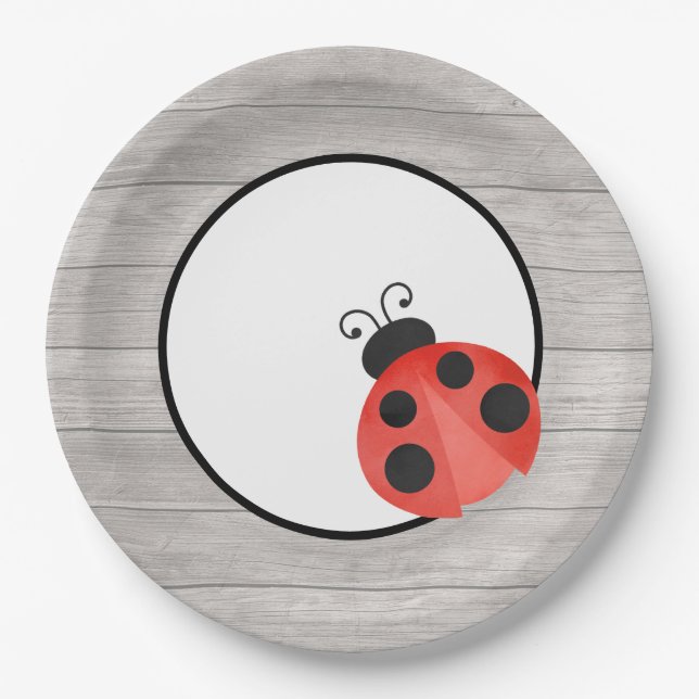 Watercolor Ladybug on Wood Party Paper Plate (Front)