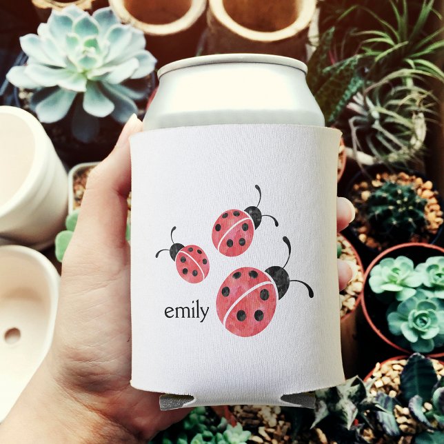 Watercolor Ladybug Personalised Can Cooler (Creator Uploaded)