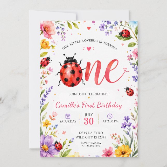 Watercolor Ladybug Wildflower First Birthday Invitation (Front)
