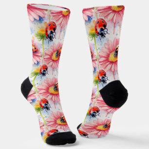 Watercolor Ladybugs on Flowers Socks