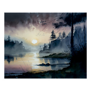 Watercolor - Lake at Dusk Poster