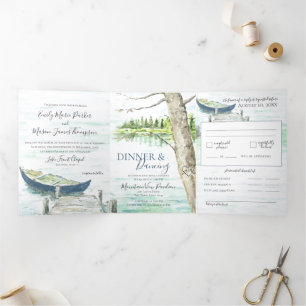 Watercolor Lake Blue Canoe Wedding All In One Invi Tri-Fold Card