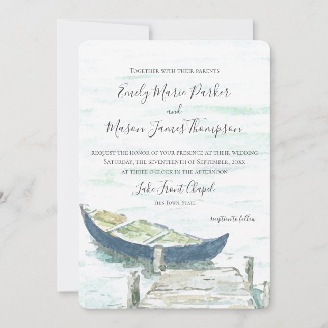 Watercolor Lake Blue Canoe Wedding Invitation (Front)