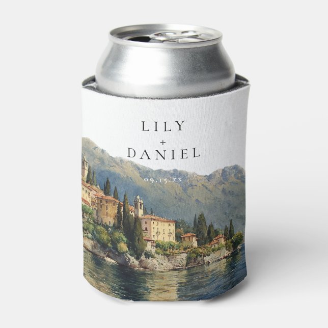 Watercolor Lake Como Italy Destination Wedding Can Cooler (Can Front)