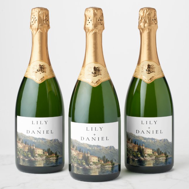 Watercolor Lake Como Italy Destination Wedding Sparkling Wine Label (Bottles)