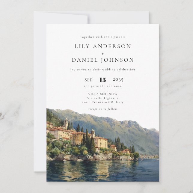 Watercolor Lake Como QR Code Italian Wedding Invitation (Front)