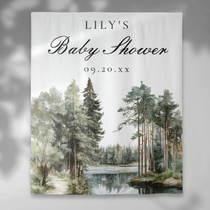 Watercolor Lake Forest Baby Shower Photo Backdrop Tapestry