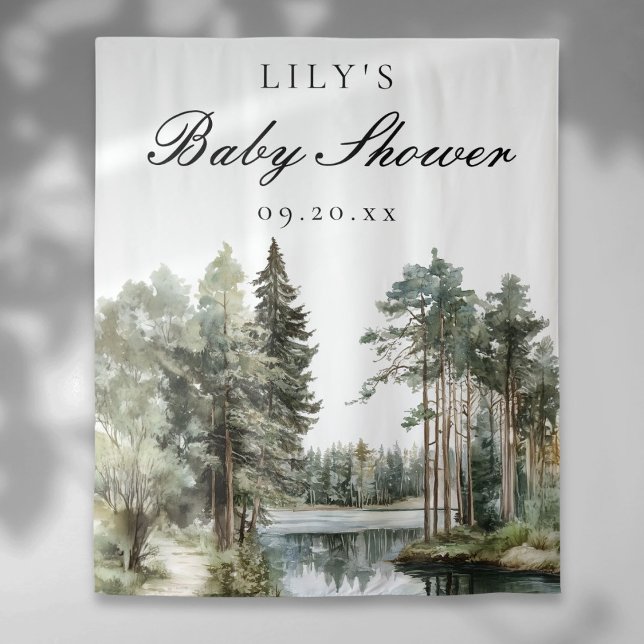 Watercolor Lake Forest Baby Shower Photo Backdrop Tapestry (Watercolor Lake Forest Baby Shower Photo Backdrop)