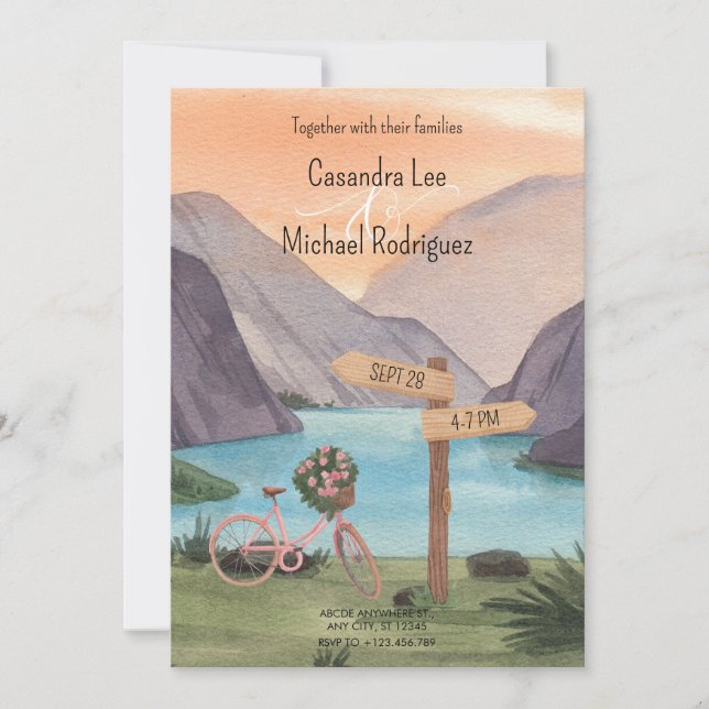 Watercolor Lake with bicycle scenery Wedding Invitation (Front)