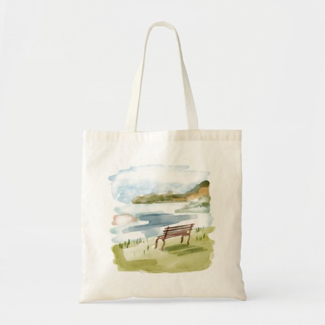 Watercolor Lakeside Bench Tote Bag – Calm Nature  (Front)