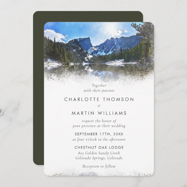 Watercolor Lakeside Mountain Wedding Invitation (Front/Back)