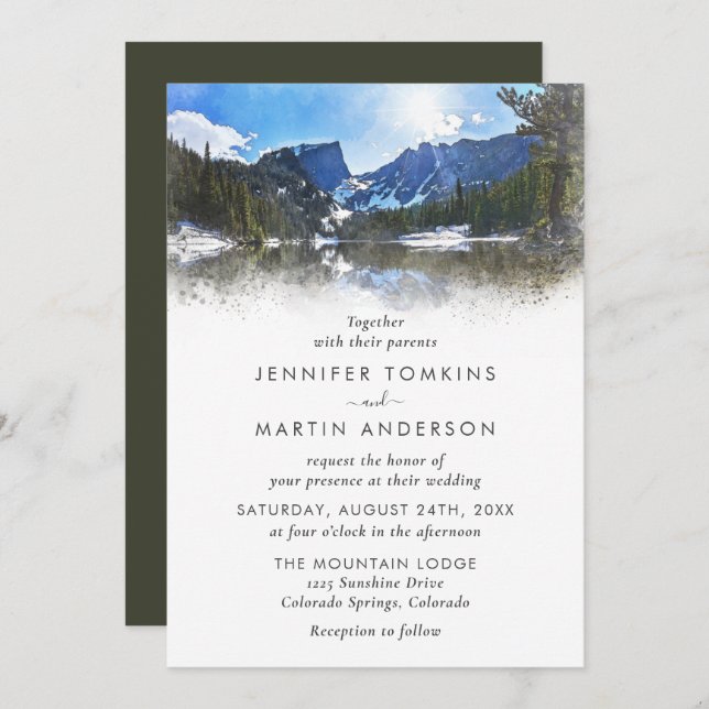 Watercolor Lakeside Mountain Wedding Invitations (Front/Back)