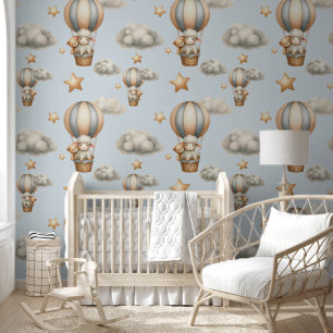 Watercolor Lamb & Teddy In Hot Air Balloon Wallpaper