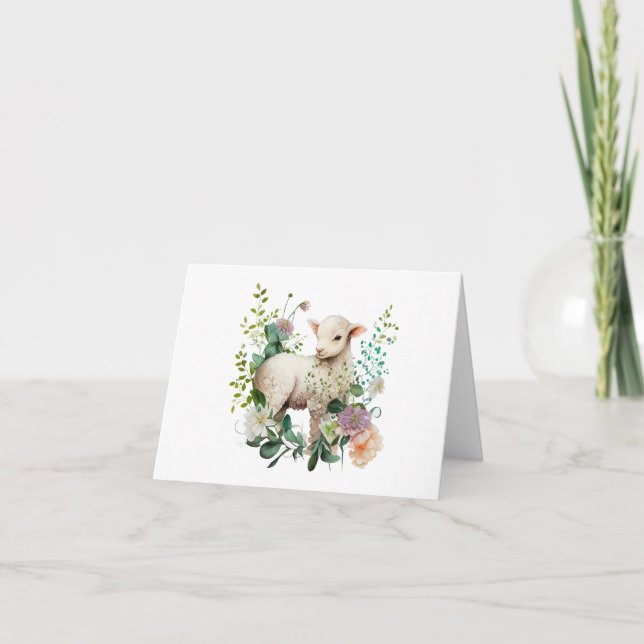 Watercolor Lamb with Wreath of Flowers BLANK  Card (Front)