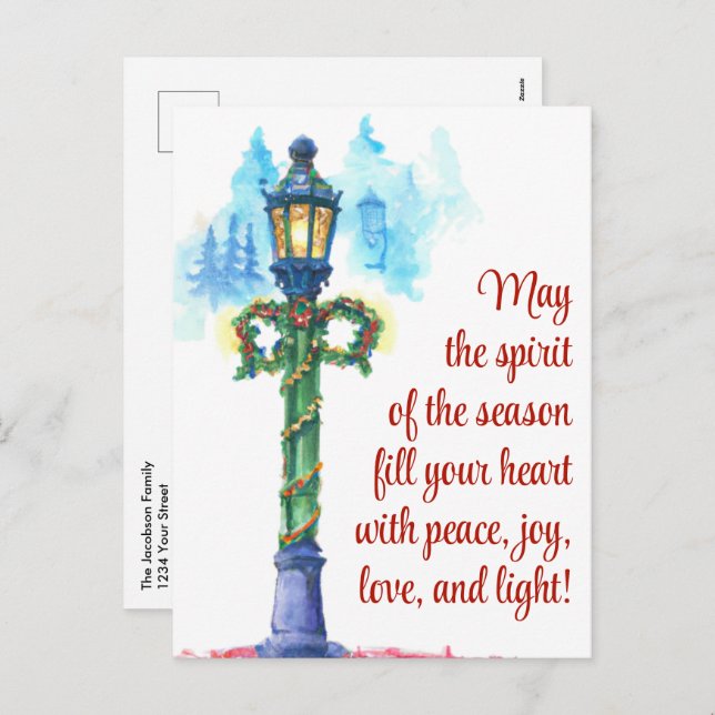 Watercolor Lamp Post Festive Christmas Holiday Postcard (Front/Back)