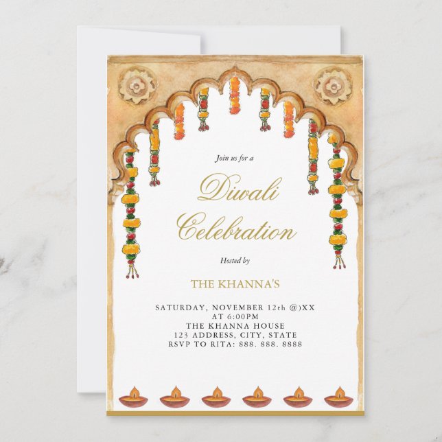 Watercolor lamps Diwali Party  Holiday Card (Front)