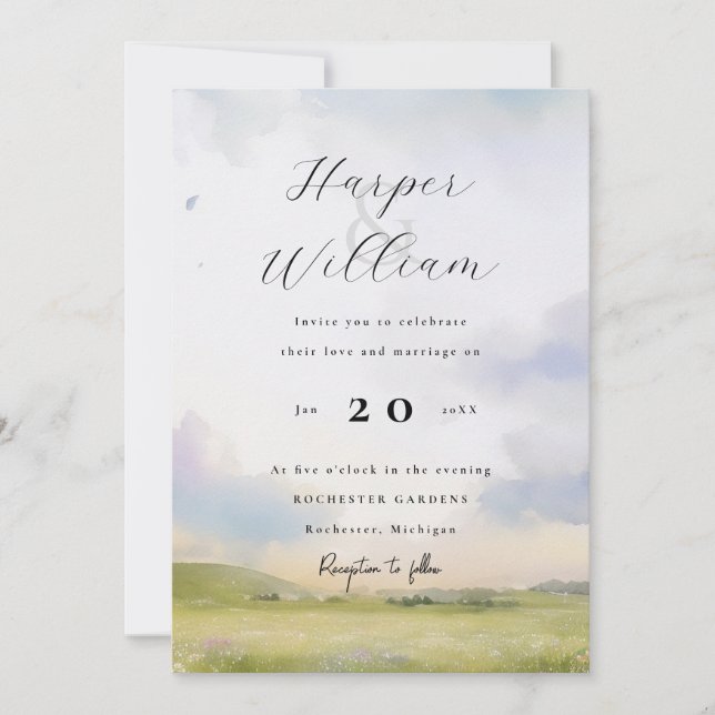 Watercolor Landscape and clouds wedding invitation (Front)