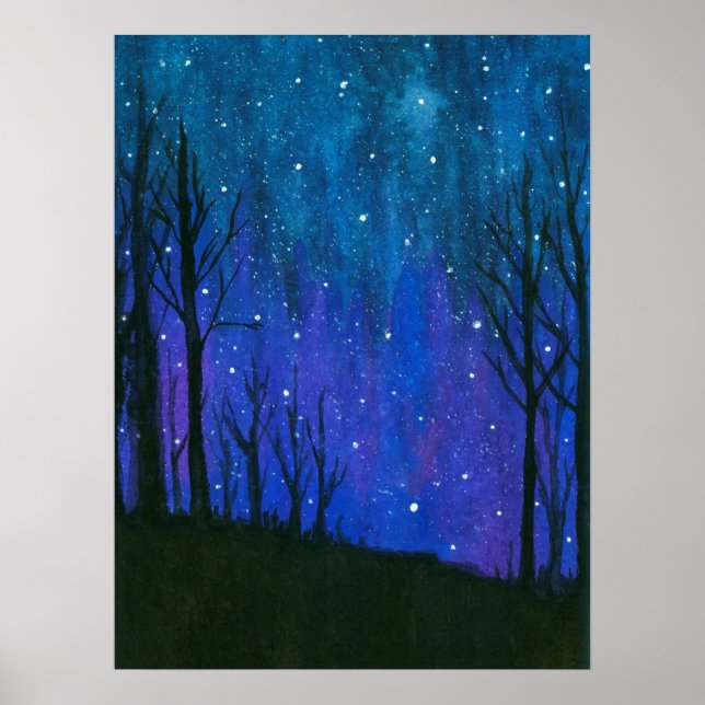 Watercolor Landscape Art Night Sky Stars Universe Poster (Front)