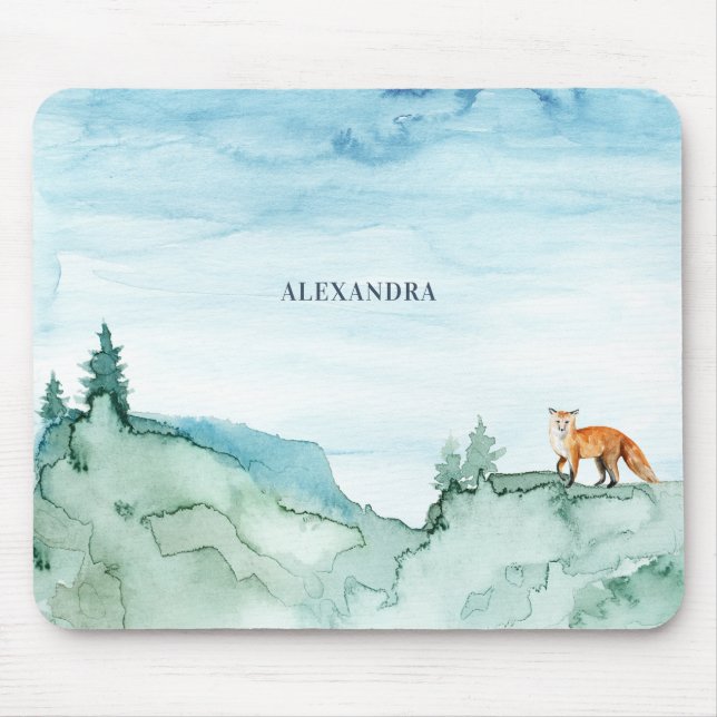 Watercolor Landscape Cute Fox Woodland Forest Mouse Pad (Front)
